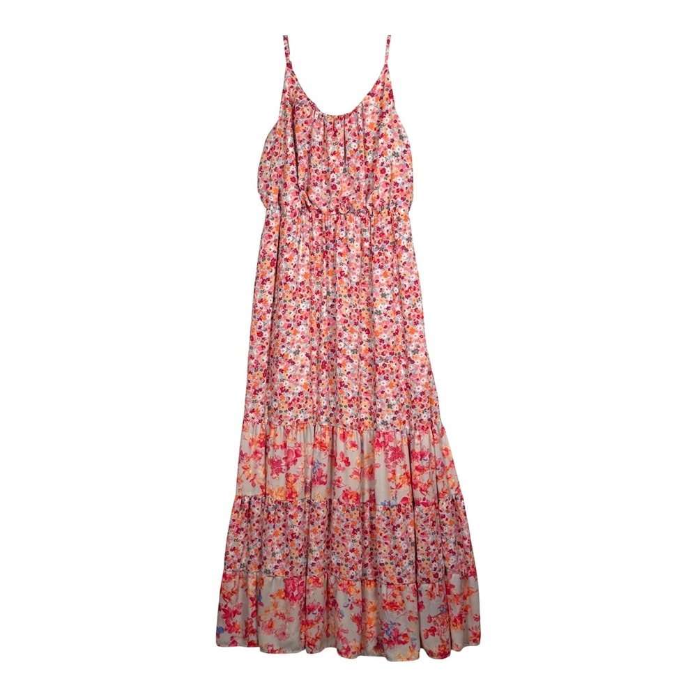 ELLE Womens Pink Floral Tiered Maxi Dress Adjustable Straps Elastic Waist Boho S